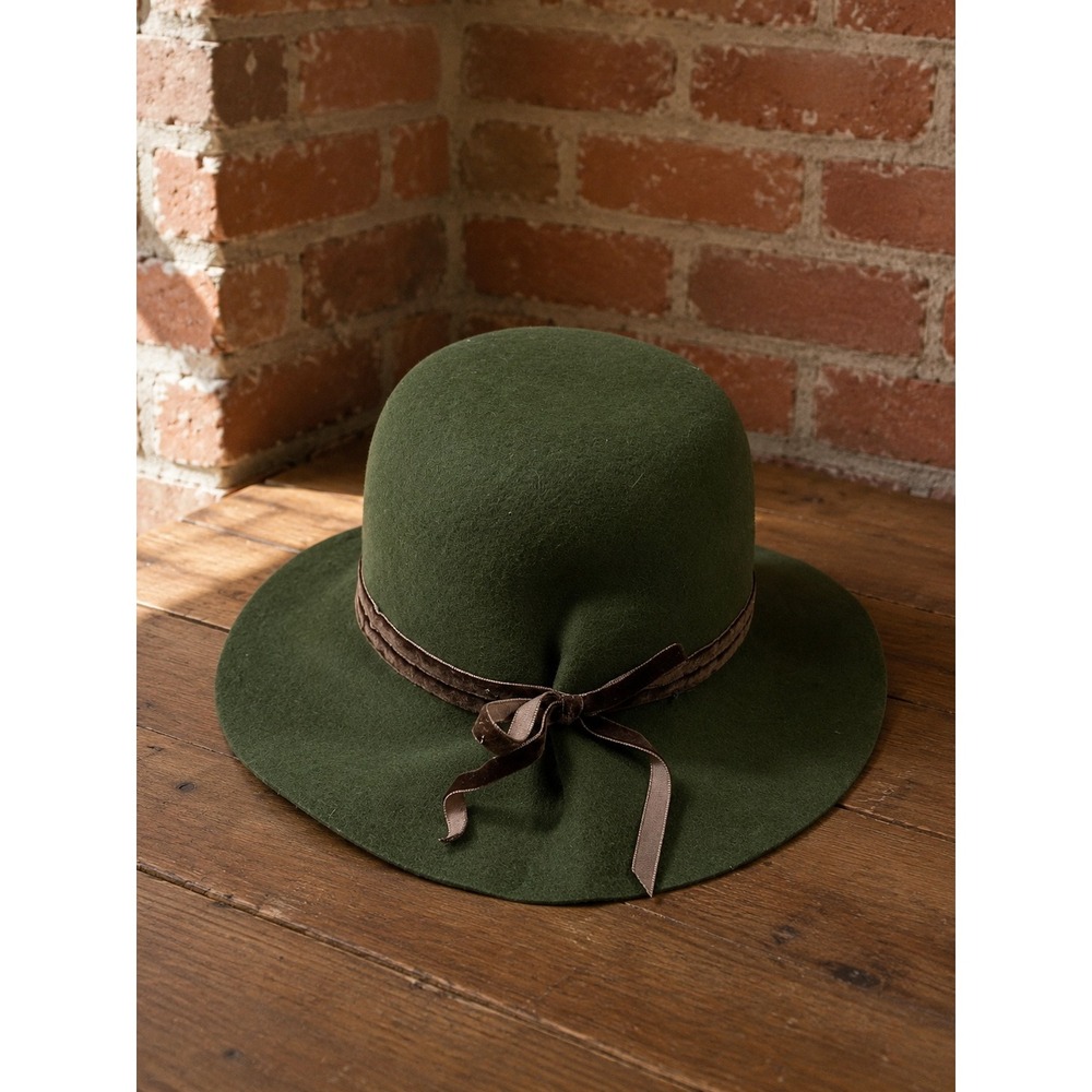 Vintage Green Wool Felt Floppy Hat Brown Bow Cottagecore Earthy Retro Classy